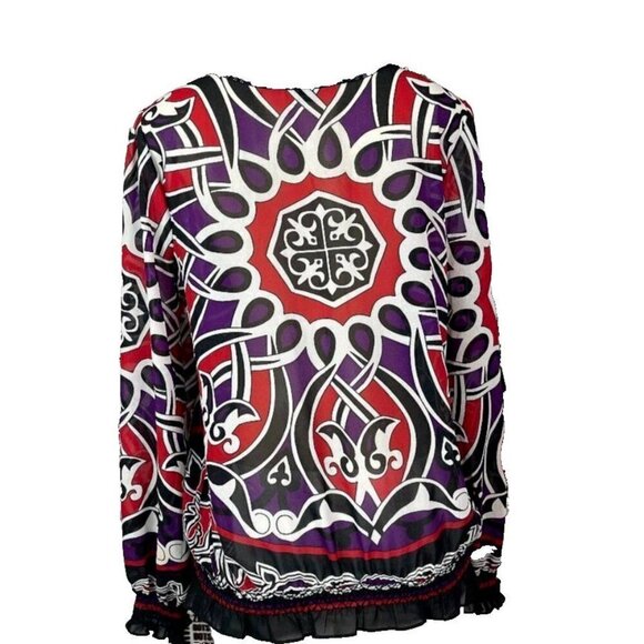 Nicole Miller L Black Geometric Print Beaded Neck Shirred Hem Long Sleeve Blouse - Picture 4 of 5